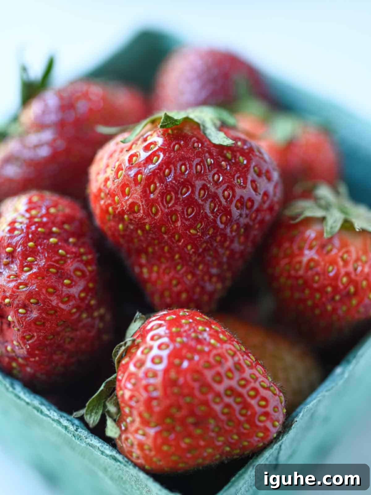 Sweet Strawberry and Tangy Goat Cheese Salad 3 Close-up of a pint of fresh, bright red strawberries, ready for making a salad.