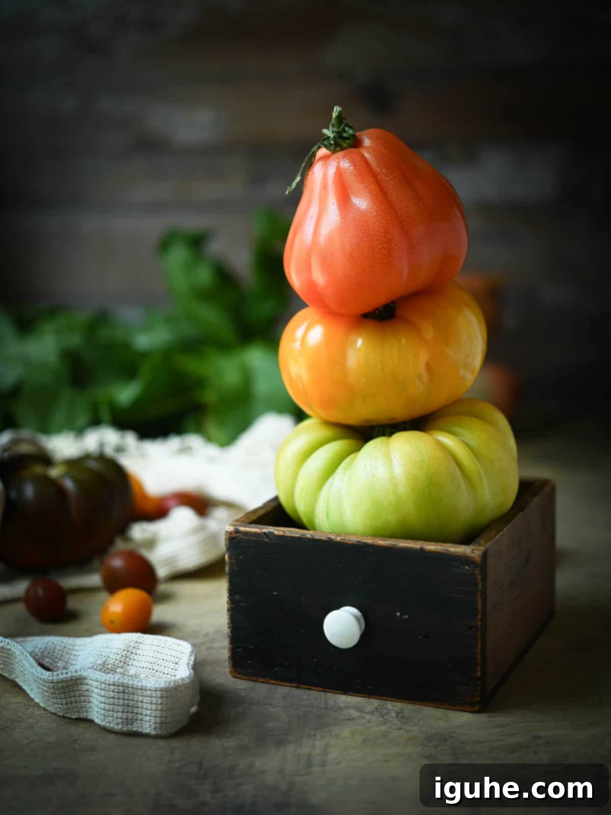 Vibrant Heirloom Caprese Salad 3 A stack of red, orange, and yellow heirloom tomatoes in a brown vintage box.