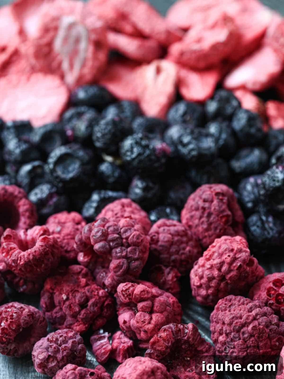 Berry Harvest Granola 3 Close-up of freeze-dried raspberries, blueberries, and strawberries.
