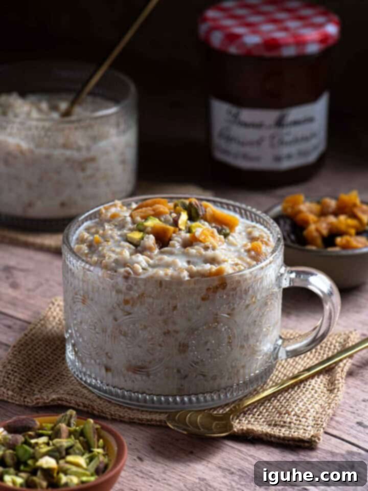 Creamy oatmeal with apricots and pistachios in a clear bowl.