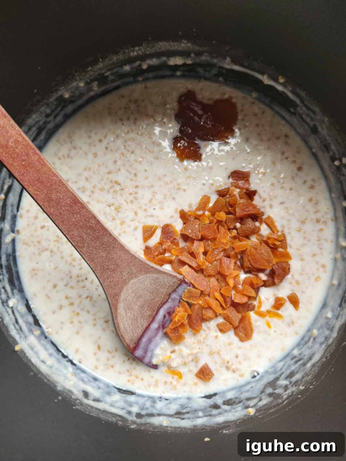 Velvet Apricot Porridge 6 Overview of oatmeal and apricots in a pot with a wooden spoon.