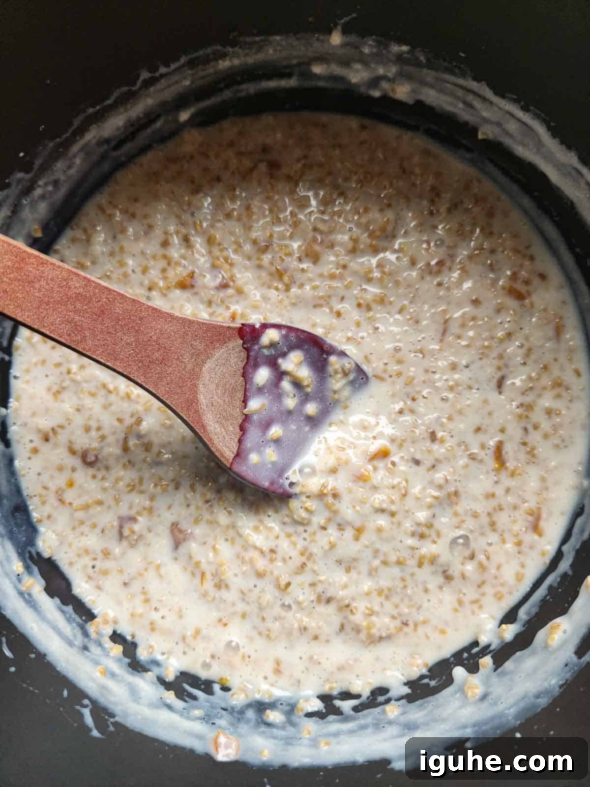 Velvet Apricot Porridge 7 A spoon stirring oatmeal in a pot.