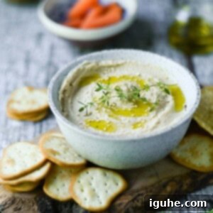 Silken Butter Bean Hummus 9 Butter bean hummus in a white bowl, with crackers around it.