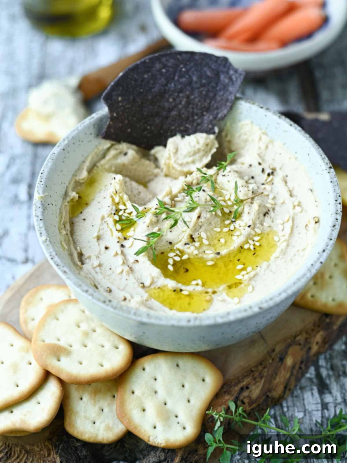 Silken Butter Bean Hummus 3 Chip being dunked into a bowl of bean hummus.