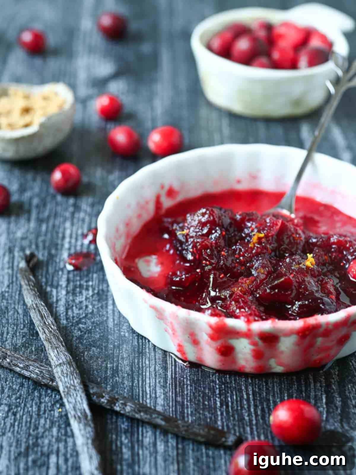Luscious Vanilla Cranberry Compote 9 Half-eaten bowl of cranberry compote with a vanilla bean in a white bowl, highlighting its texture.