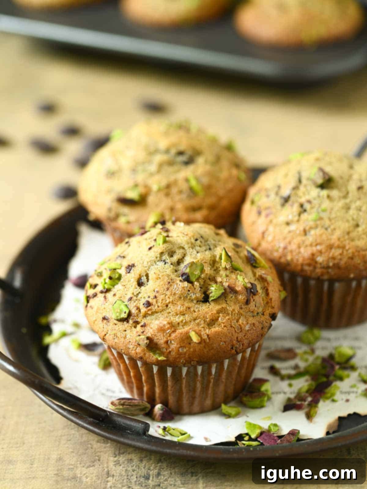 Three pistachio muffins on a black tray with scattered pistachios, showcasing their vibrant green hue and chocolate chips.