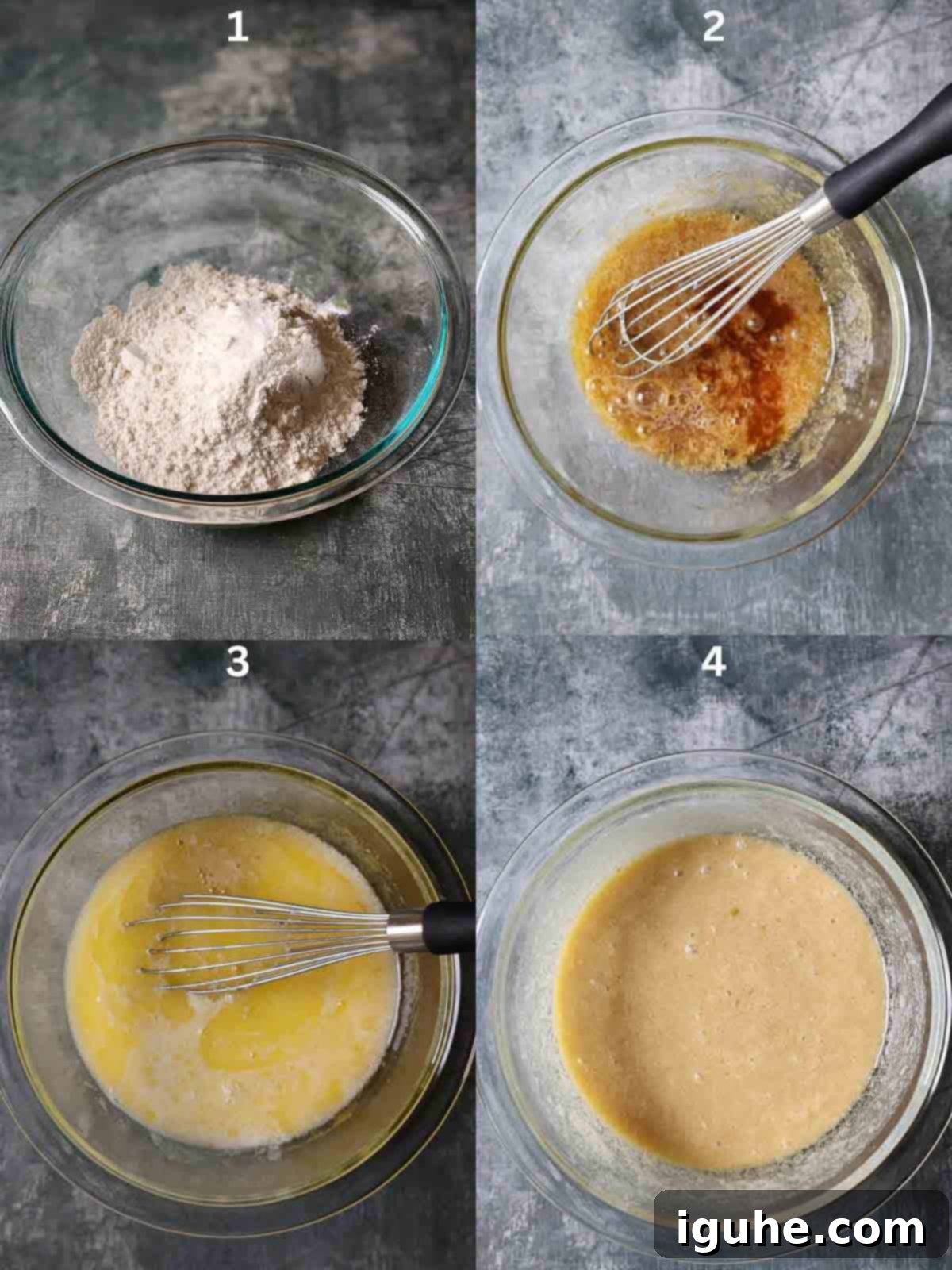 Decadent Pistachio Chocolate Chip Muffins 4 First four steps for making pistachio muffins, showing clear bowls with dry ingredients, whisked eggs and sugar, and wet ingredients combined.