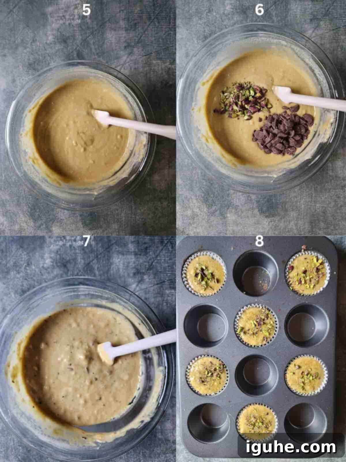 Decadent Pistachio Chocolate Chip Muffins 5 The final four steps for preparing pistachio muffins: combining wet and dry ingredients, folding in pistachios and chocolate chips, scooping batter into a muffin tin, and topping with crushed pistachios and coarse sugar.