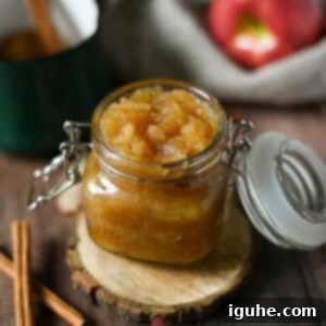 Spiced Honeycrisp Applesauce 10 Applesauce in a clear jar with cinnamon sticks next to it.