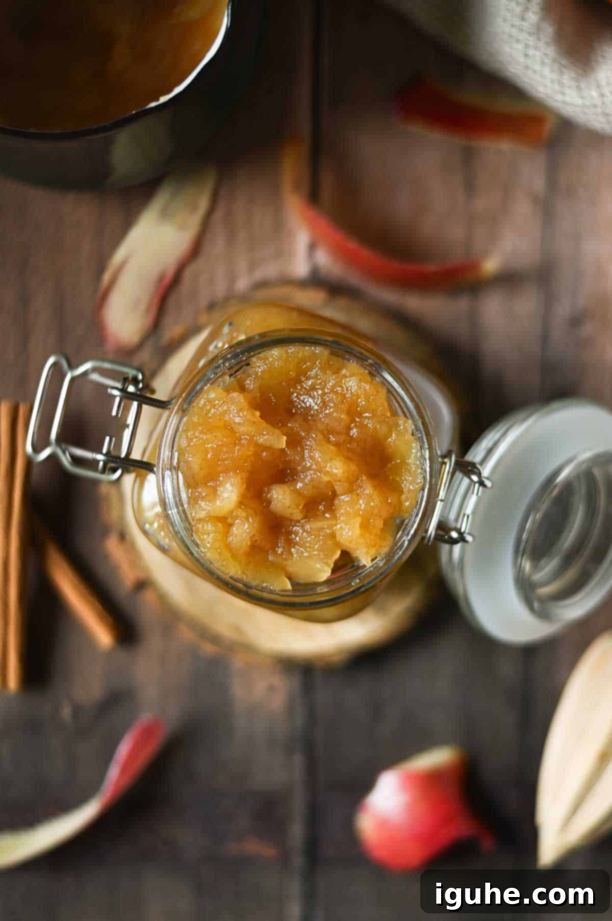 Spiced Honeycrisp Applesauce 8 Top view of applesauce in a clear jar.