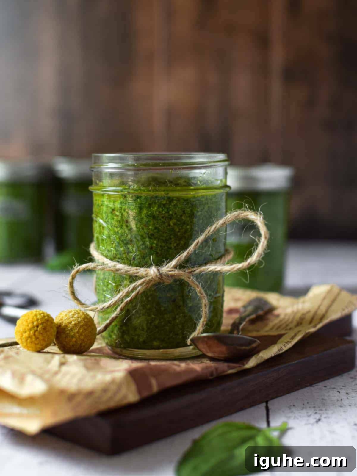 Eye-level view of pesto sauce in a clear jar on a wooden surface.
