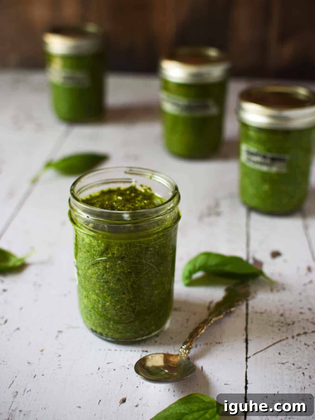 Golden Roasted Garlic Pesto 9 Multiple jars of pesto sauce in clear jars on a wooden surface.