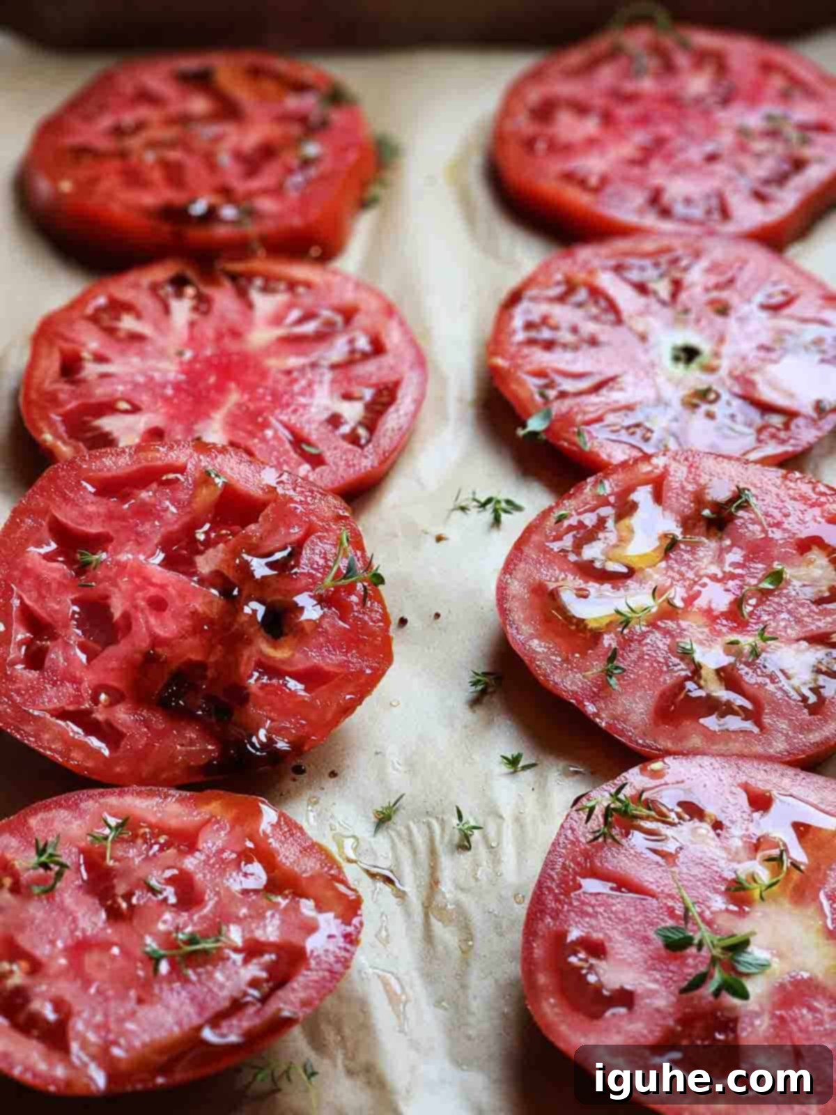 Sweet & Savory Slow Roasted Beefsteak Tomatoes 4 Cut tomato slices on a roasting pan.