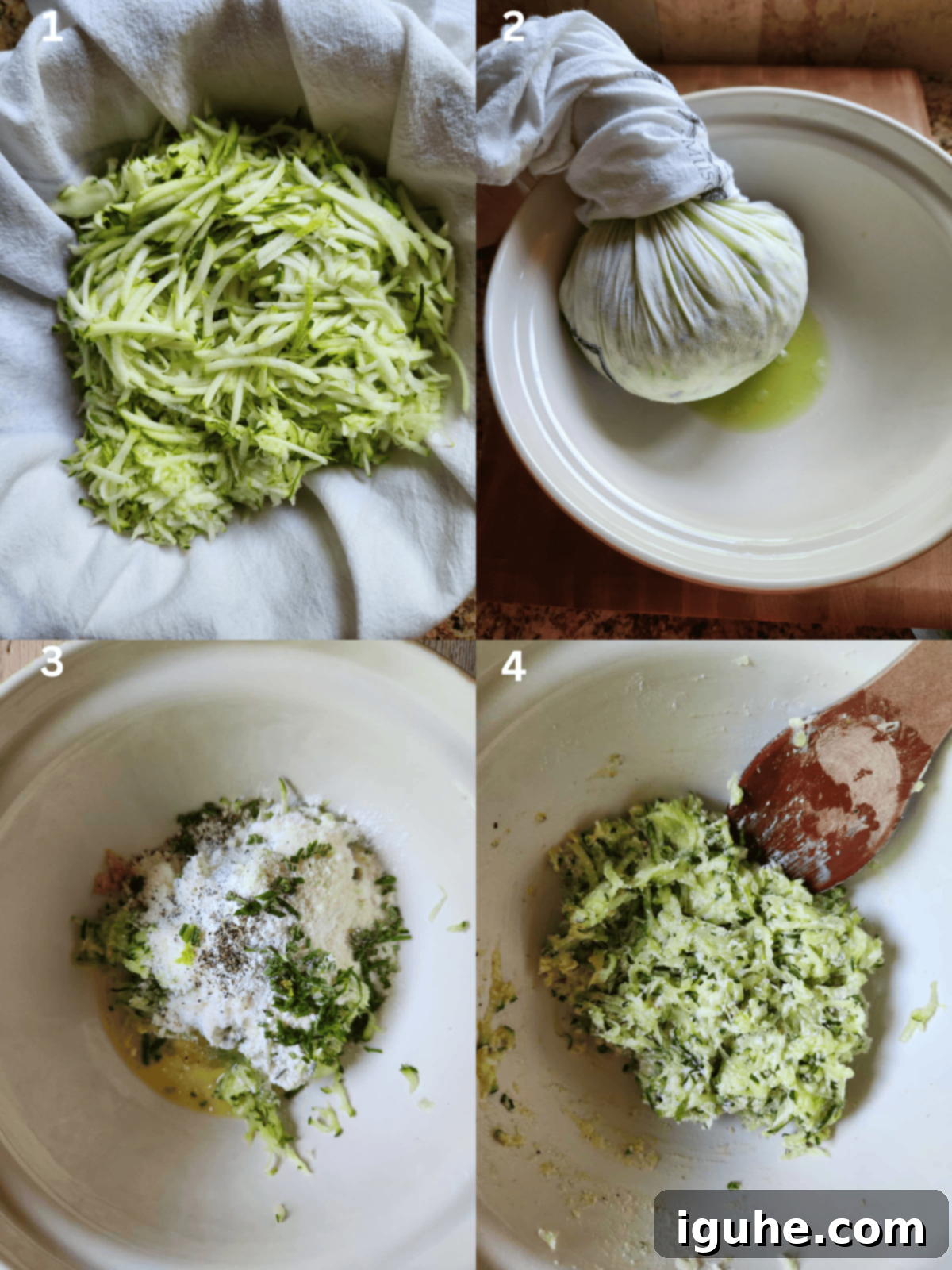 Crispy Zucchini Parmesan Fritters 4 A collage showing four visual steps: shredding zucchini, salting and squeezing zucchini, combining ingredients in a bowl, and mixing the batter.