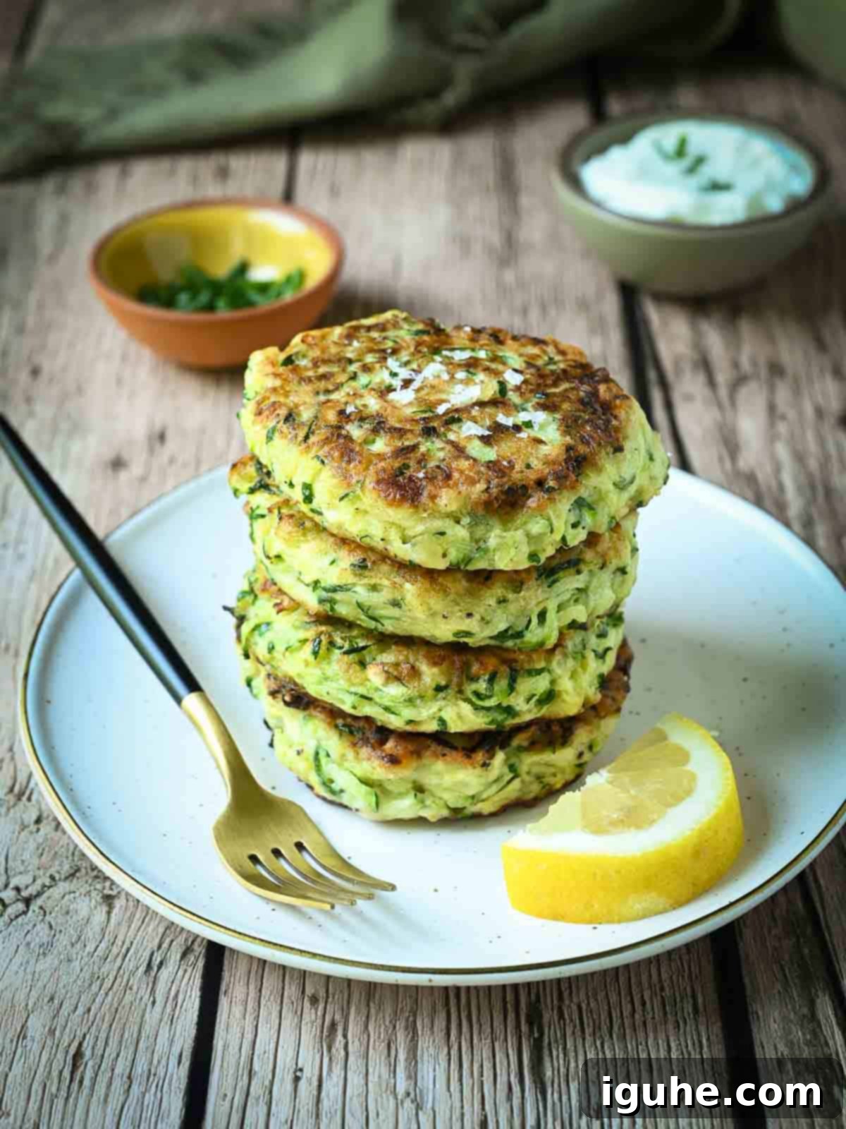 Crispy Zucchini Parmesan Fritters 8 Stacked crispy zucchini pancakes with fresh herbs on a white plate, ready to be served.