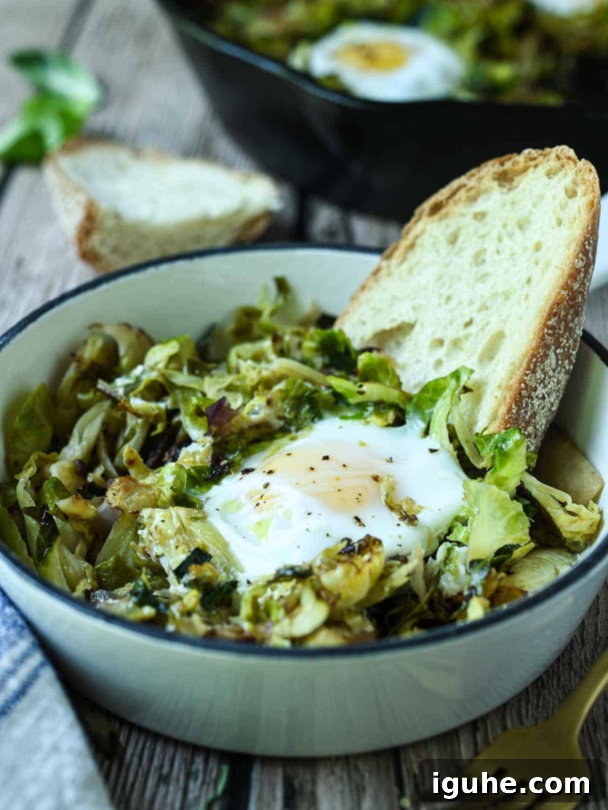 Crispy Sprout Skillet 11 Brussel spout hash in a mini skillet with eggs and toast.