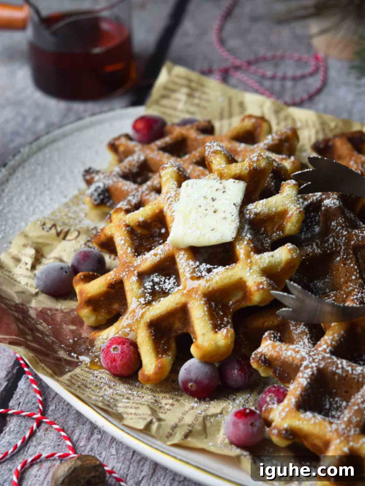 Close-up of golden eggnog waffles on a platter, garnished with vibrant red cranberries and a dusting of powdered sugar, ready to be served for a festive breakfast.