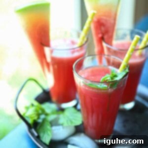 Pure Watermelon Refreshment 8 Three glasses of homemade watermelon water garnished with mint by a sunny window.