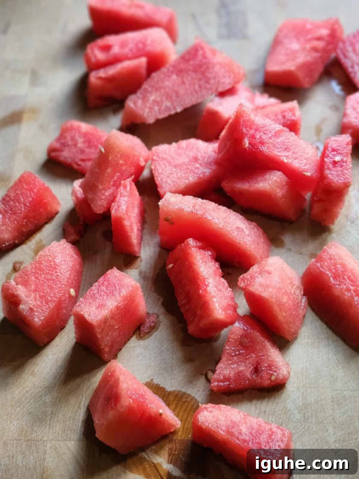 Pure Watermelon Refreshment 4 Chopped watermelon cubes on a cutting board, ready for blending.