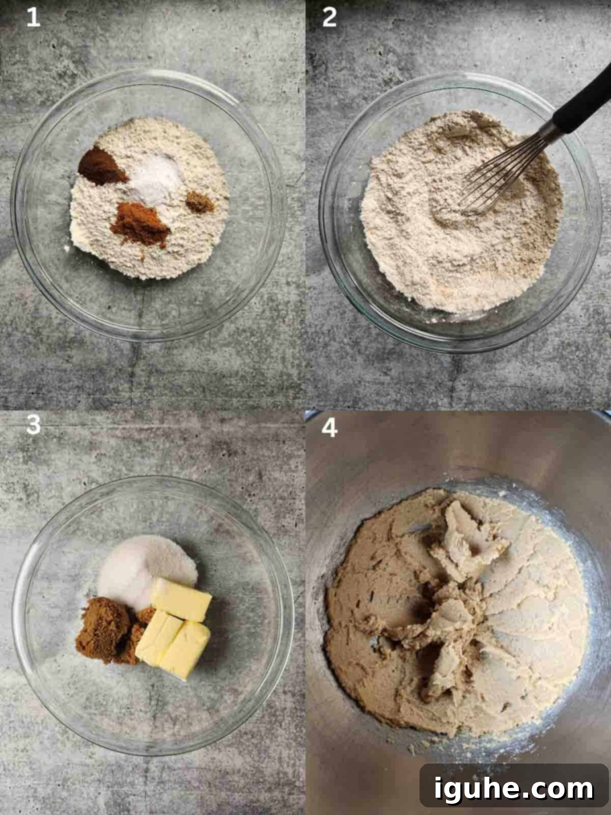 Autumn Apple Cider Cookies 4 A four-panel image illustrating the initial steps of making apple cider cookies: combining dry ingredients, whisking them, adding butter and sugars to a mixer, and creaming them until light and fluffy.