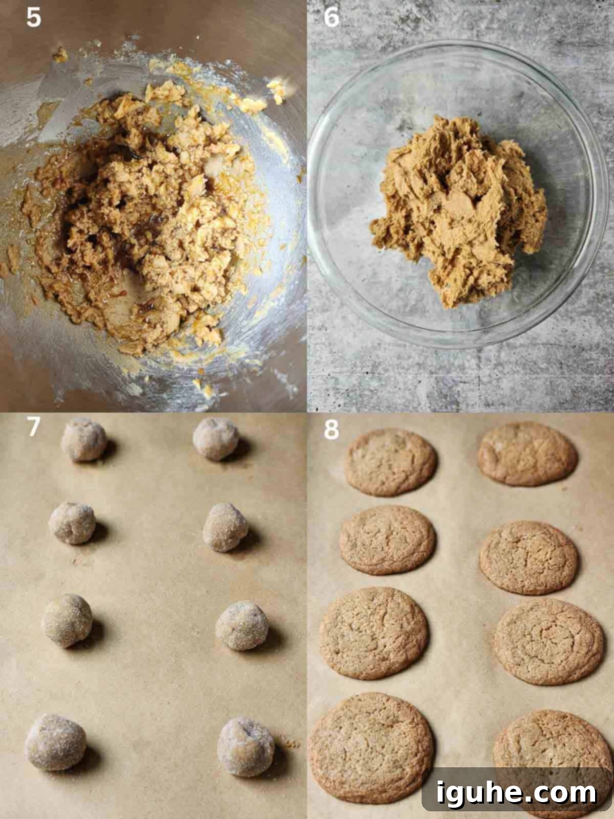 Autumn Apple Cider Cookies 5 A four-panel image showing the latter stages of apple cider cookie preparation: adding egg and boiled cider to creamed mixture, incorporating flour in batches, chilling the dough, and finally rolling dough balls in sugar before baking.