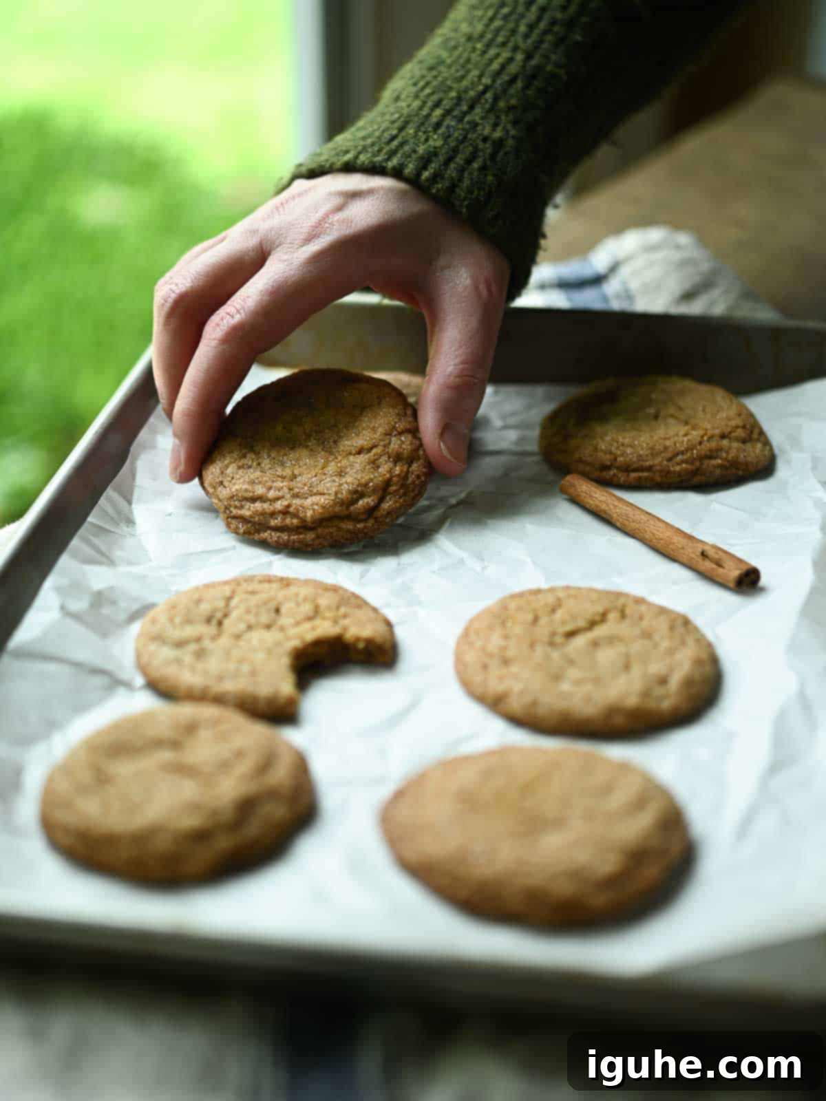 Autumn Apple Cider Cookies 8 A hand reaches for a perfectly baked apple cider cookie off a cooling rack, positioned near a window with soft natural light, highlighting the inviting texture of the cookie.