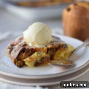 Italian Panettone Bread Pudding 10 Slice of bread pudding with ice cream on top.