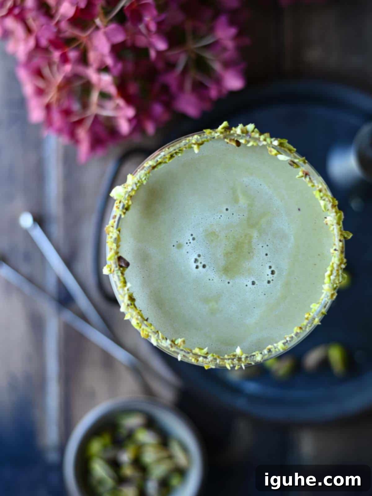 Velvet White Chocolate Pistachio Martini 8 Overhead view of a pistachio martini.
