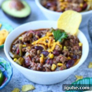 Fire Roasted Turkey Chili 10 A serving of Fire Roasted Chili with Turkey, garnished with shredded cheese and a tortilla chip.