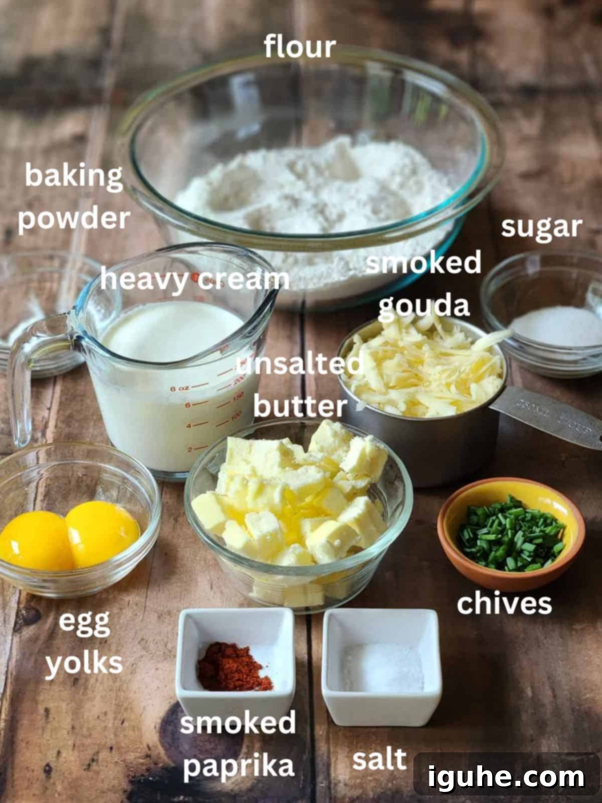 Savory Smoked Gouda and Chive Scones 3 Ingredients in bowls labeled.