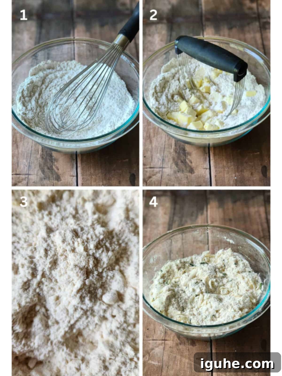 Savory Smoked Gouda and Chive Scones 4 Collage of 4 pictures showing the steps to making scone dough.