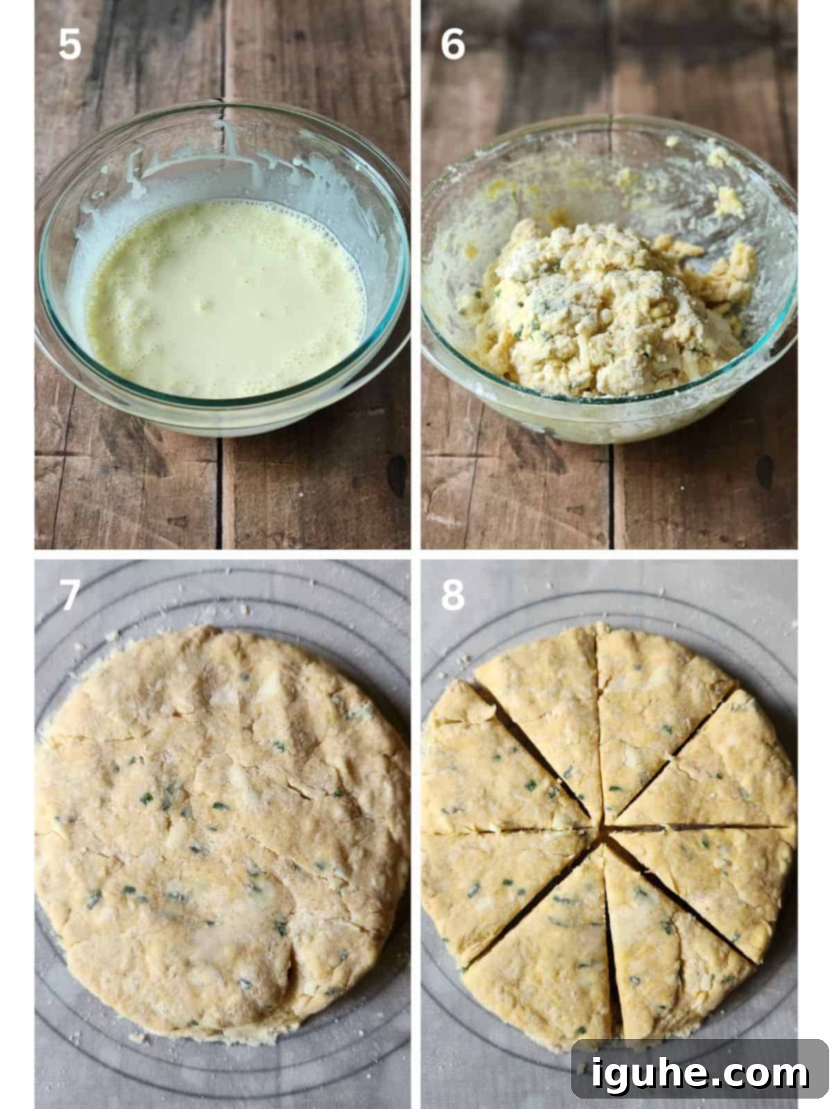 Savory Smoked Gouda and Chive Scones 5 A collage of four pictures showing how to make scone dough.