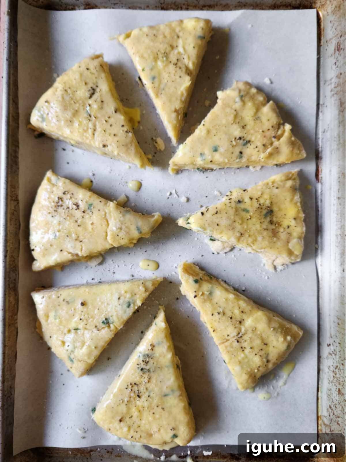 Savory Smoked Gouda and Chive Scones 7 Overhead of scones ready for the oven on a baking pan.