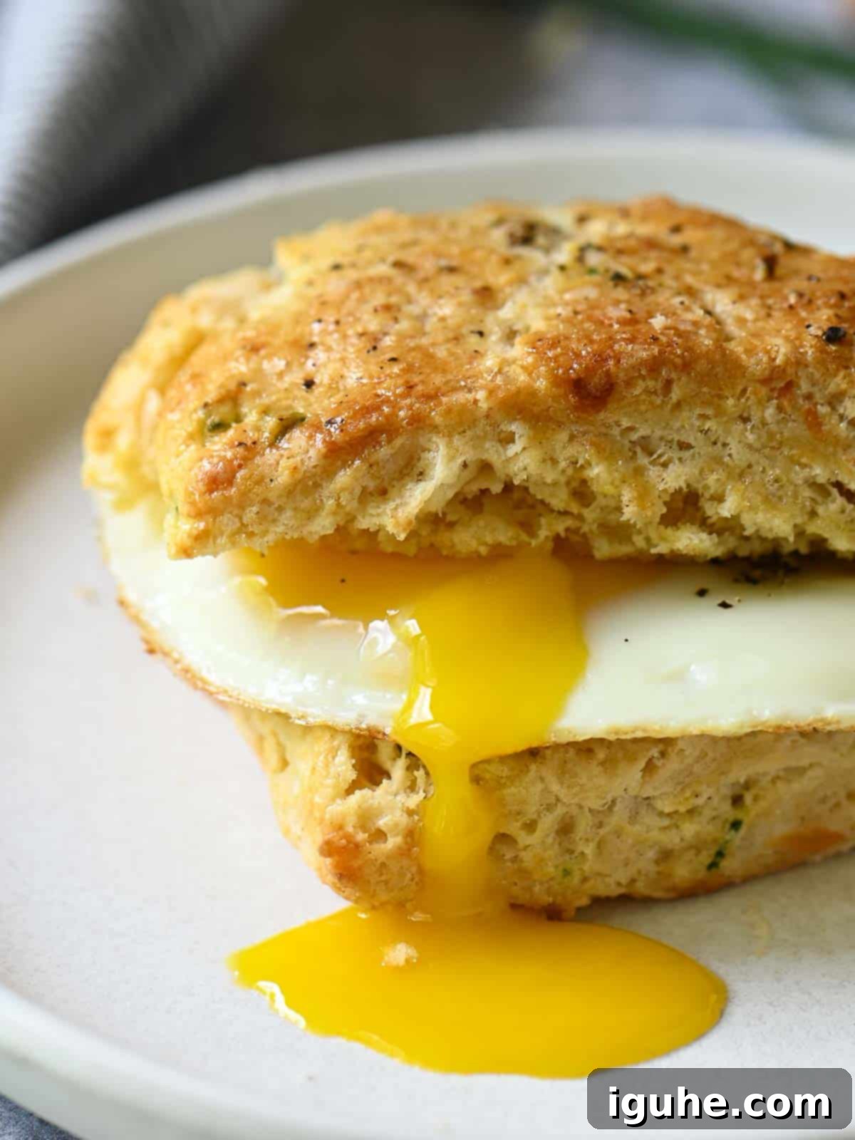 Savory Smoked Gouda and Chive Scones 10 Drippy fried egg inside a savory scone on a white plate.