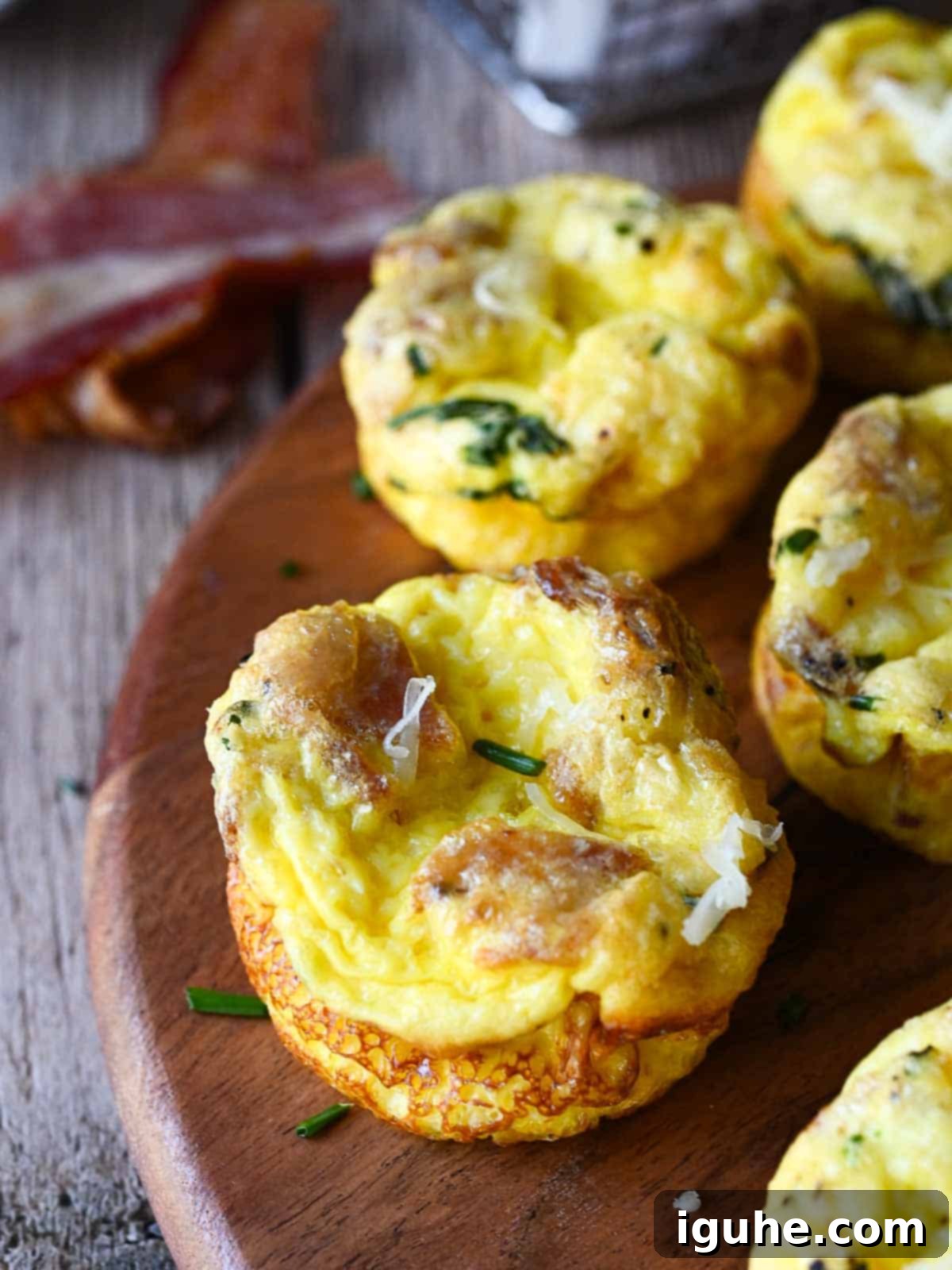 Close-up on a buttermilk bacon egg bite.