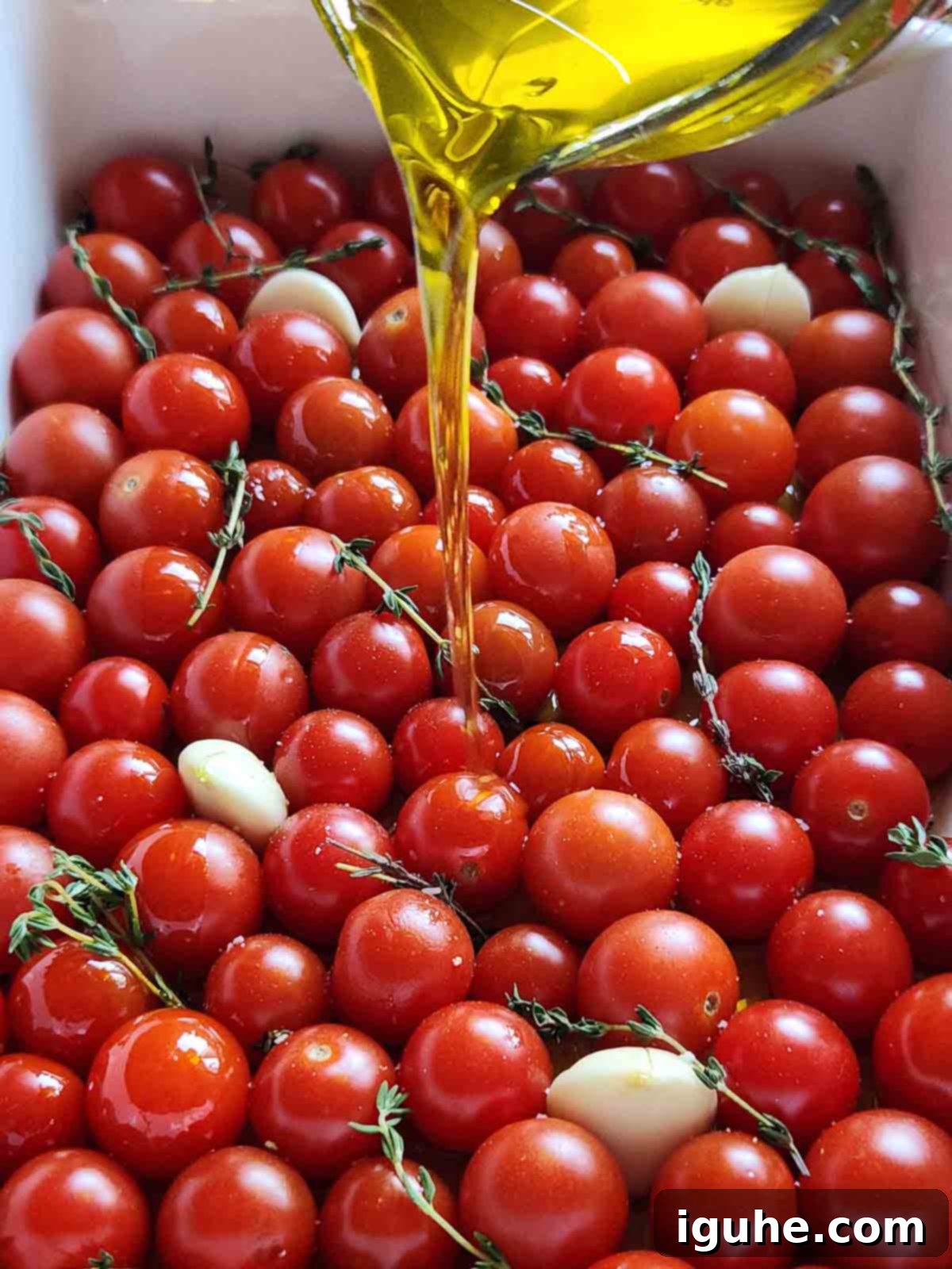 Cherry Tomato Confit with Garlic and Thyme 5 Oil being poured over tomatoes in a baking pan.