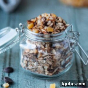 Candied Orange Chocolate Muesli 10 Close-up of chocolate muesli with candied orange in a clear mason jar, ready for serving.