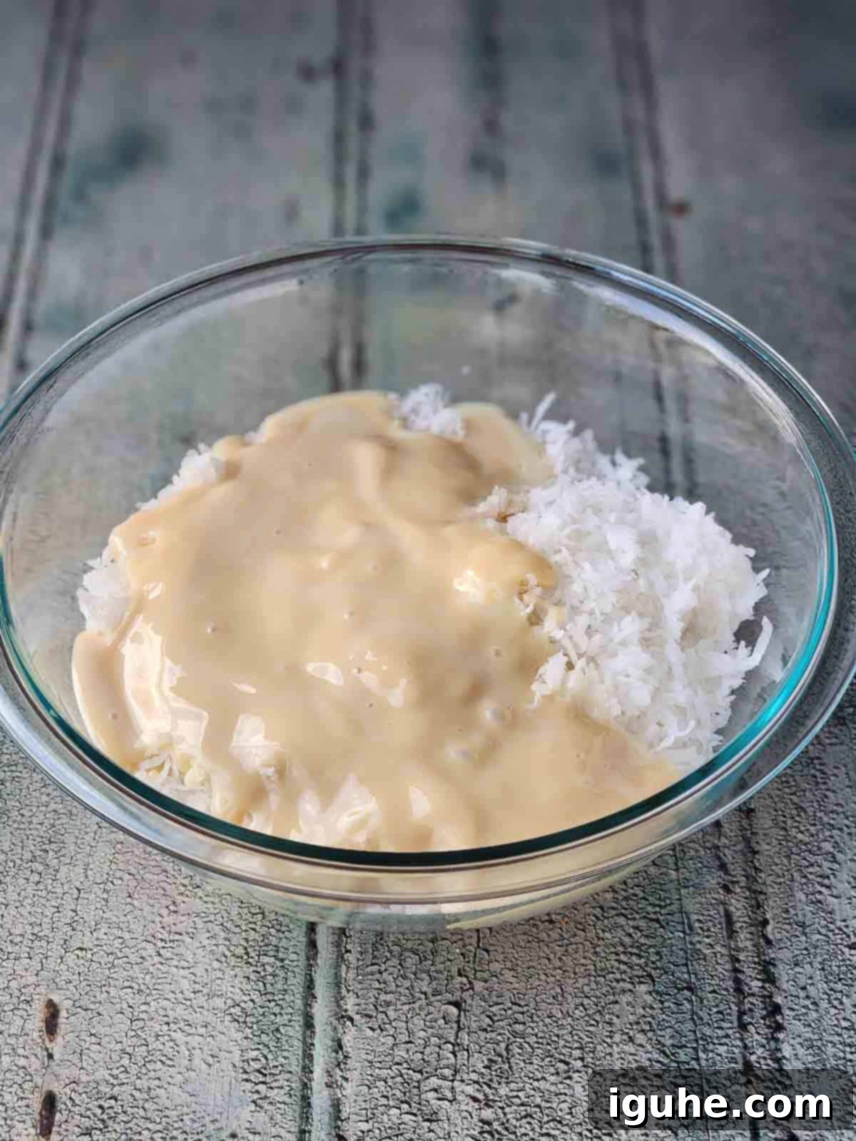 Tropical Coconut Lime Macaroons 4 Coconut and condensed milk in a clear bowl, ready to be mixed.