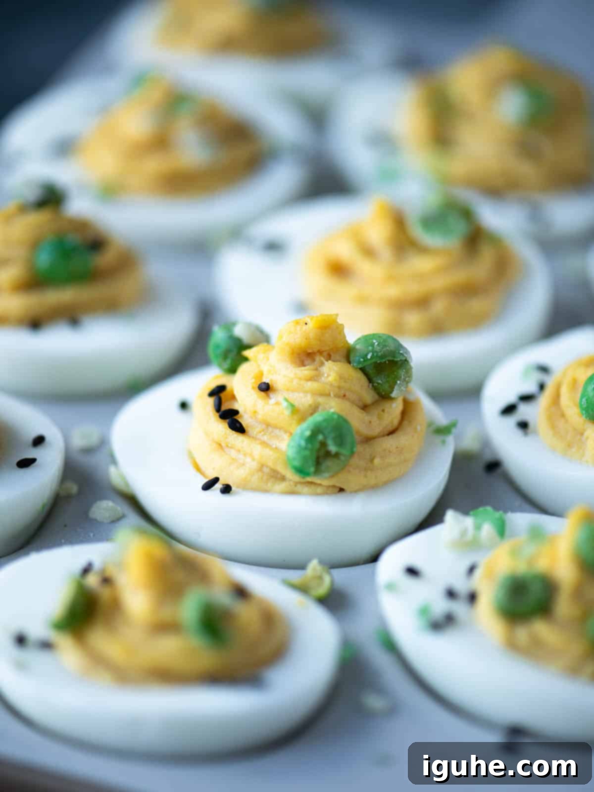 Umami Deviled Eggs 12 Close-up of miso deviled eggs.