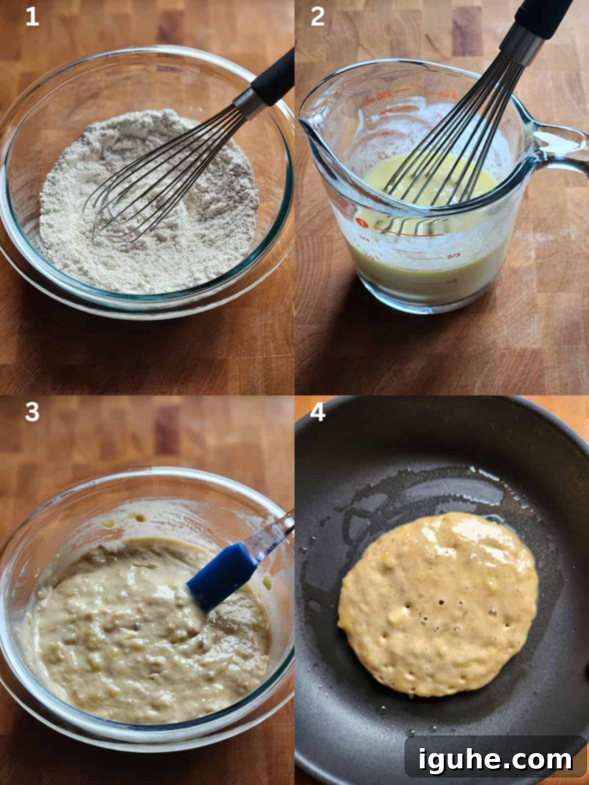 Homemade Banana Bread Pancakes with Banana Compote 4 A four-panel collage showing the preparation of banana bread pancakes: whisking dry ingredients, mixing wet ingredients, combining and folding, and cooking on a griddle.