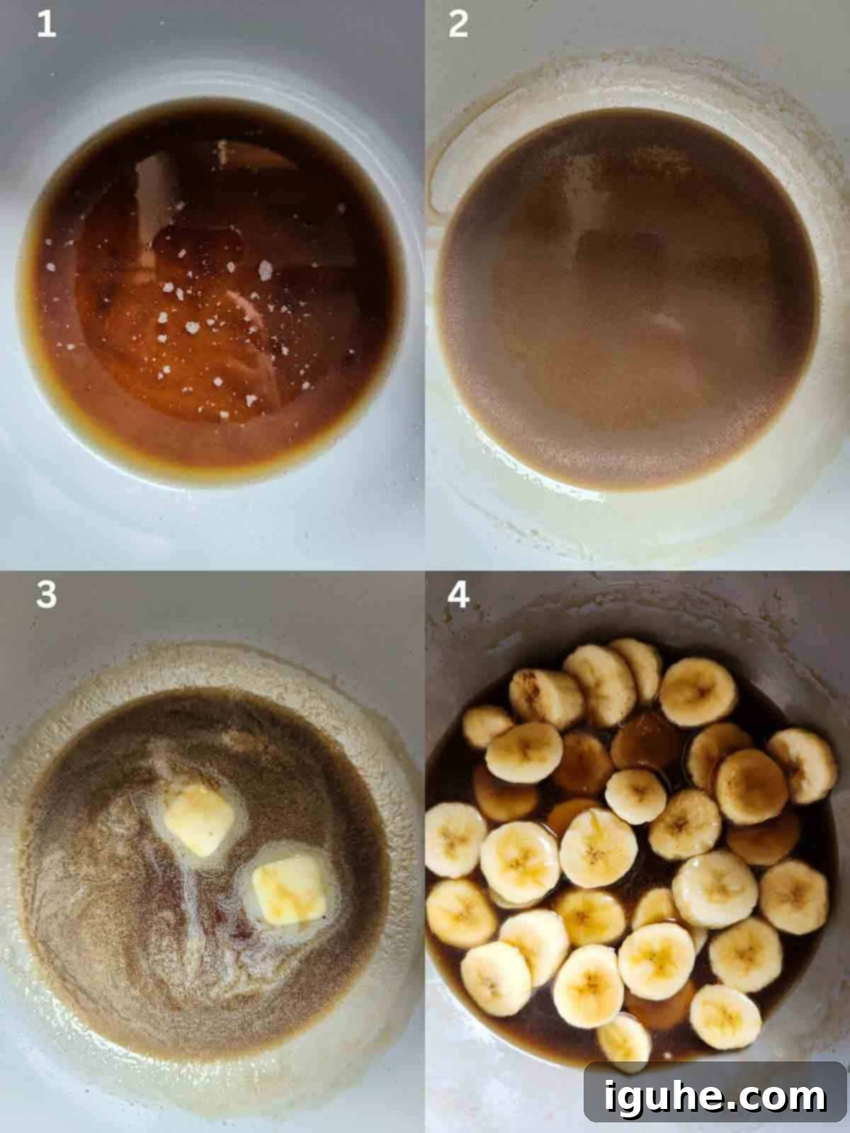 Homemade Banana Bread Pancakes with Banana Compote 5 A four-panel collage illustrating the preparation of banana compote: combining ingredients in a pot, boiling the mixture, stirring in butter, and adding sliced bananas to thicken.