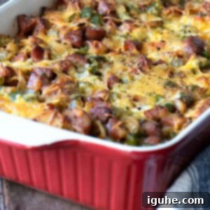 Smoked Sausage Casserole 8 Close-up of strata in a red baking dish.