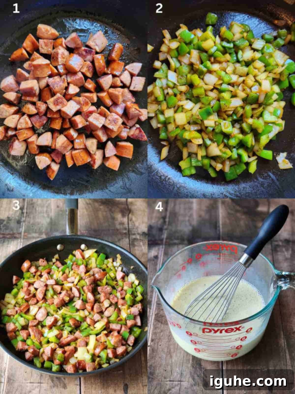 Smoked Sausage Casserole 4 A collage of four cooking steps for making sausage strata.