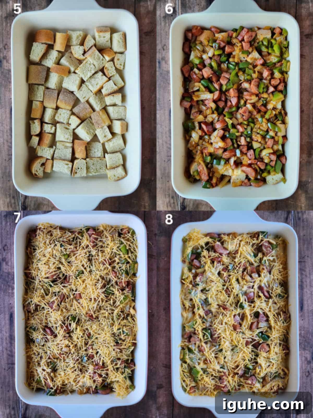Smoked Sausage Casserole 5 A collage of four overhead pictures showing how to layer a sausage strata.