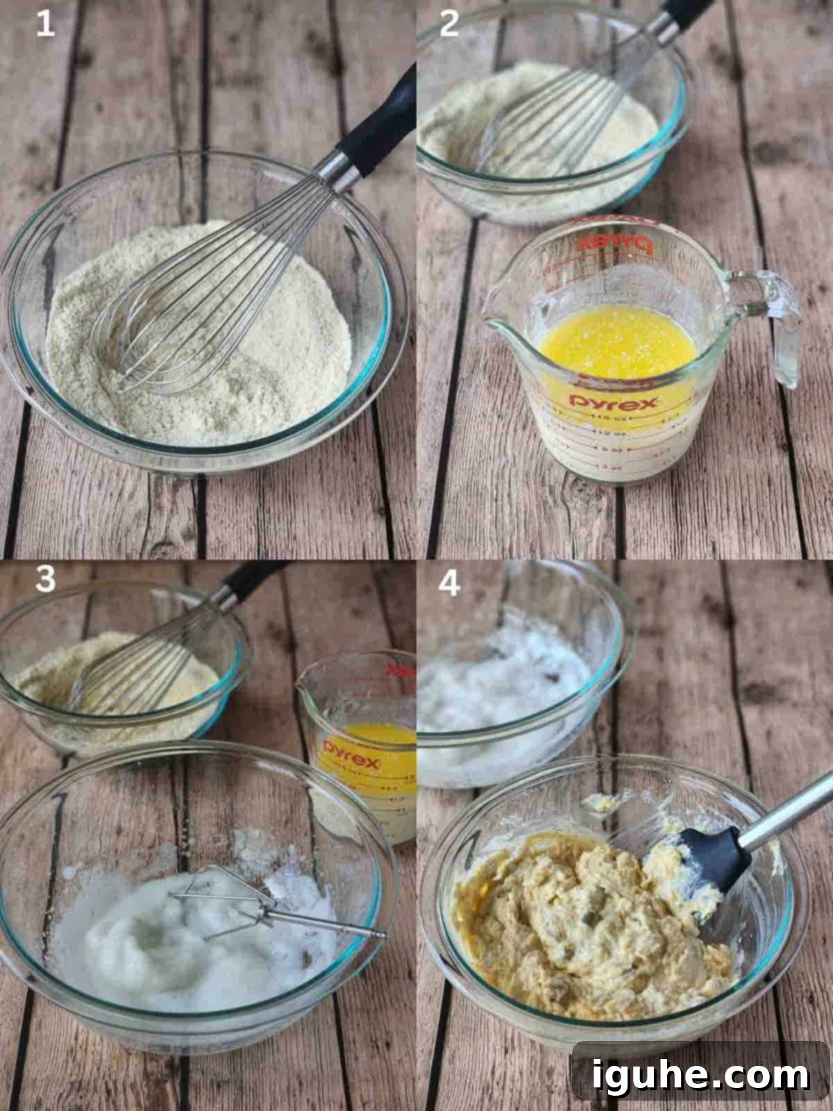 Zesty Cheddar Chili Waffles 4 A collage of four steps for mixing waffle batter.