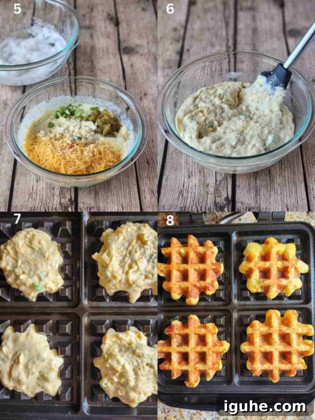 Zesty Cheddar Chili Waffles 5 A collage of four steps for making savory waffles.