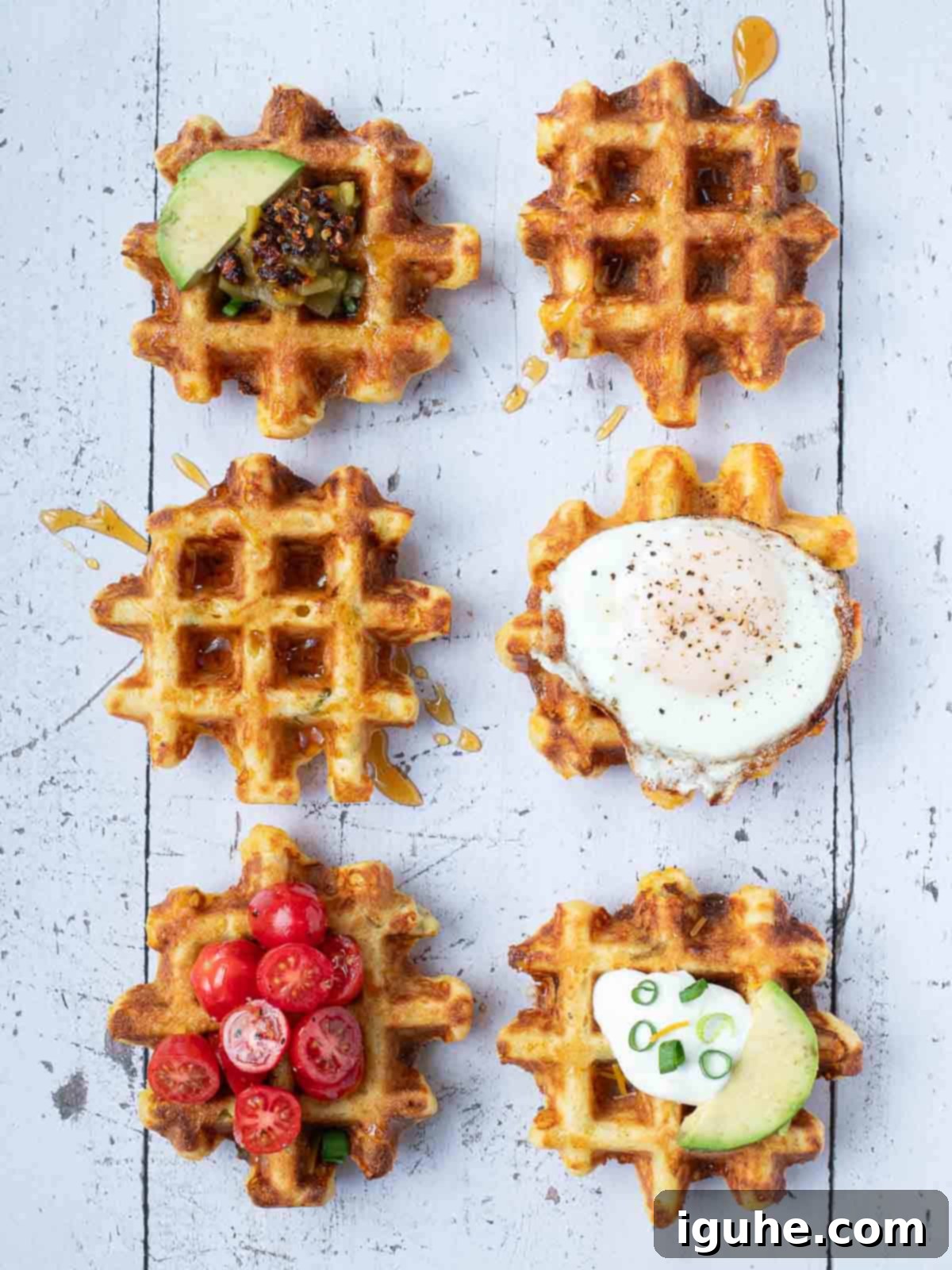 Zesty Cheddar Chili Waffles 7 Overhead of 6 waffles with various topping on them.