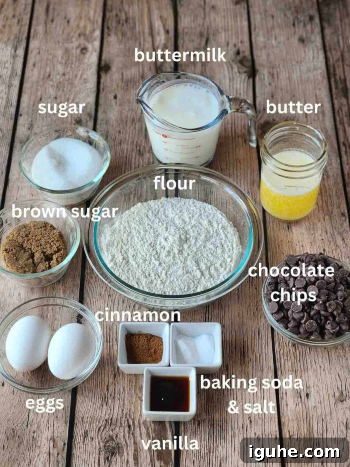Golden Chocolate Chip Loaf 3 Labeled ingredients for a cake on a wood surface.