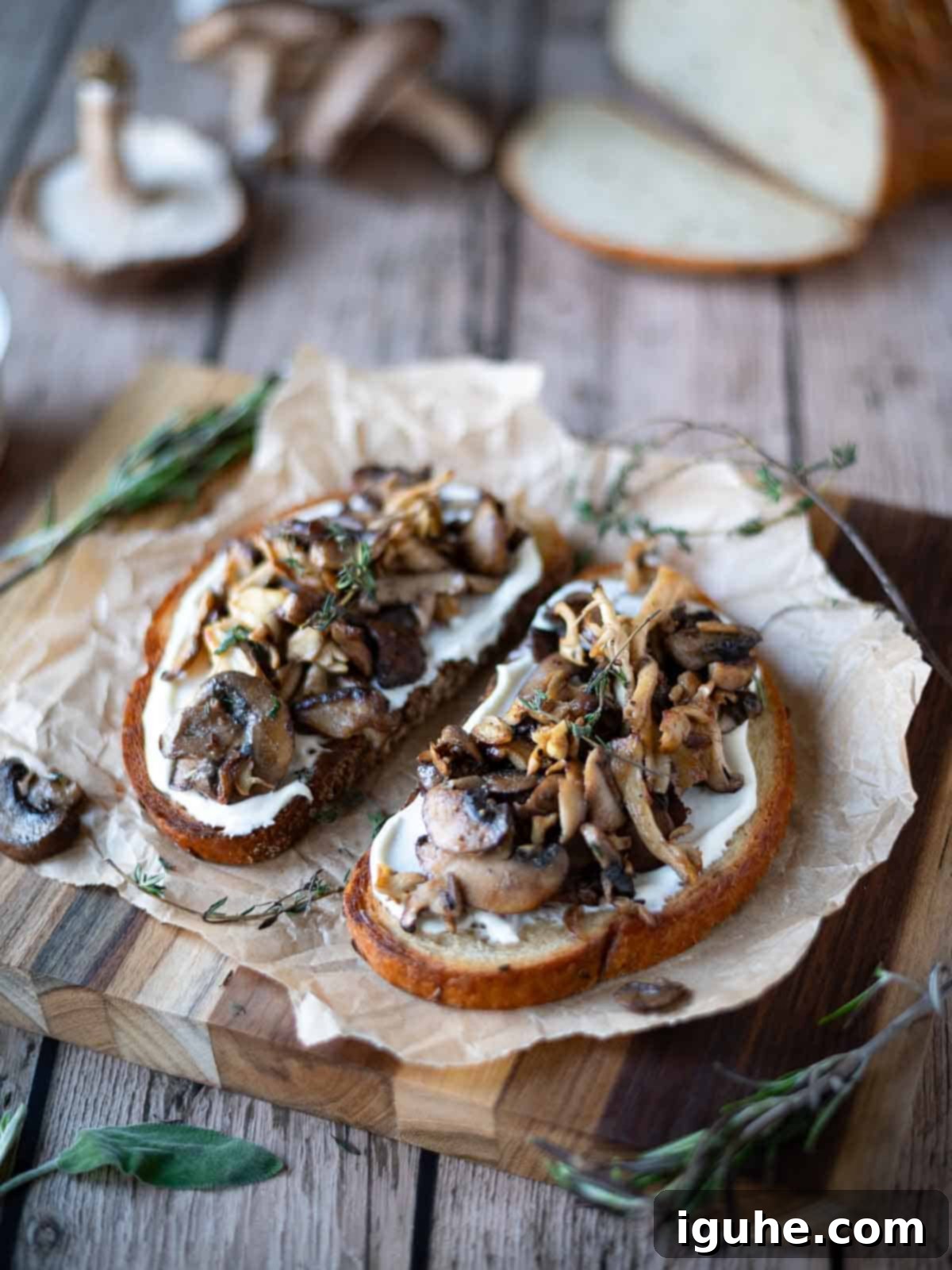 Rustic Wild Mushroom Toast 2 Two slices of mushroom toast on a wood board with herbs around it.