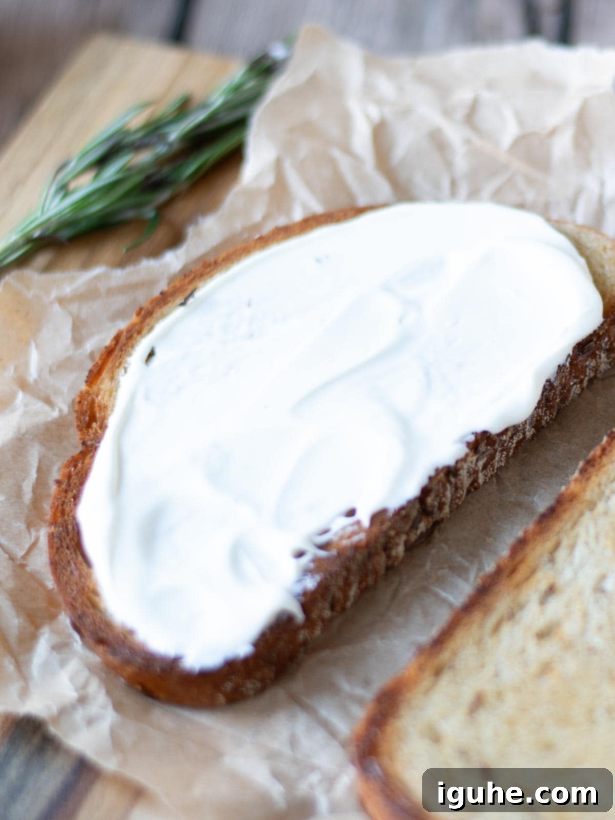 Rustic Wild Mushroom Toast 6 Creme fraiche spread on toast.